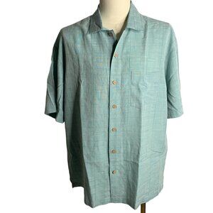 Batik Bay Button Up Camp Shirt L Green Checkered Short Sleeve Pocket Rayon